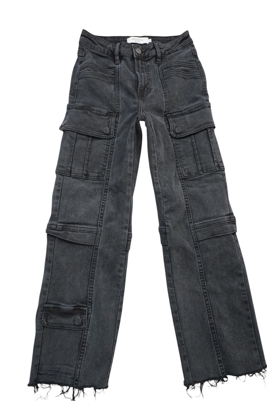 Hidden Jeans Tracey High-Rise Cargo Jeans Size 26 Black Wash Raw Hem Denim
